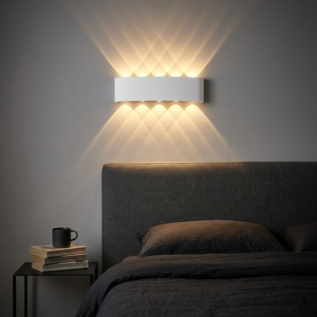 White diamond beam wall light above bed warm LED bedroom