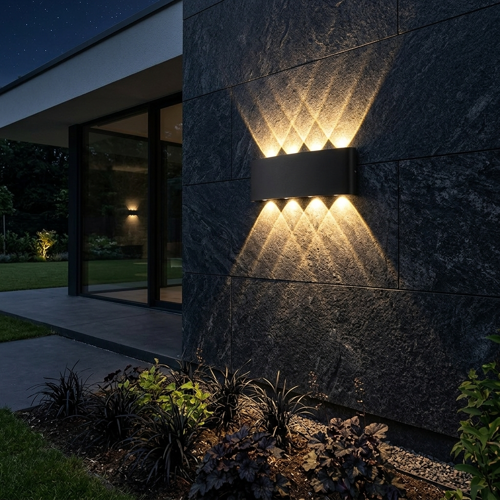 Black diamond beam wall light outdoor stone facade warm LED night