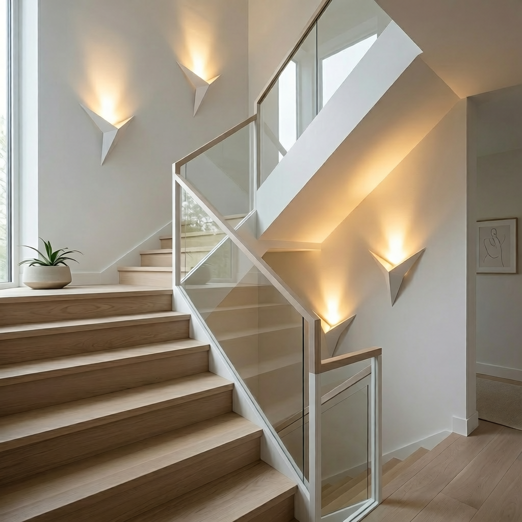 White geometric triangle wall sconces on staircase wall warm uplight