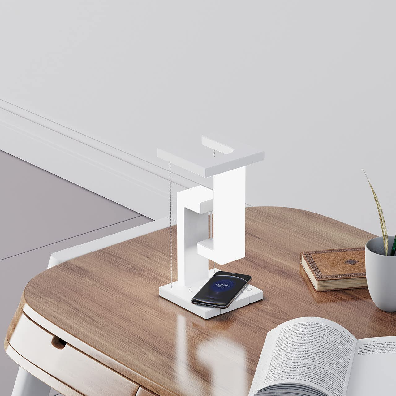 Levitating table lamp wireless charging base USB ports detail