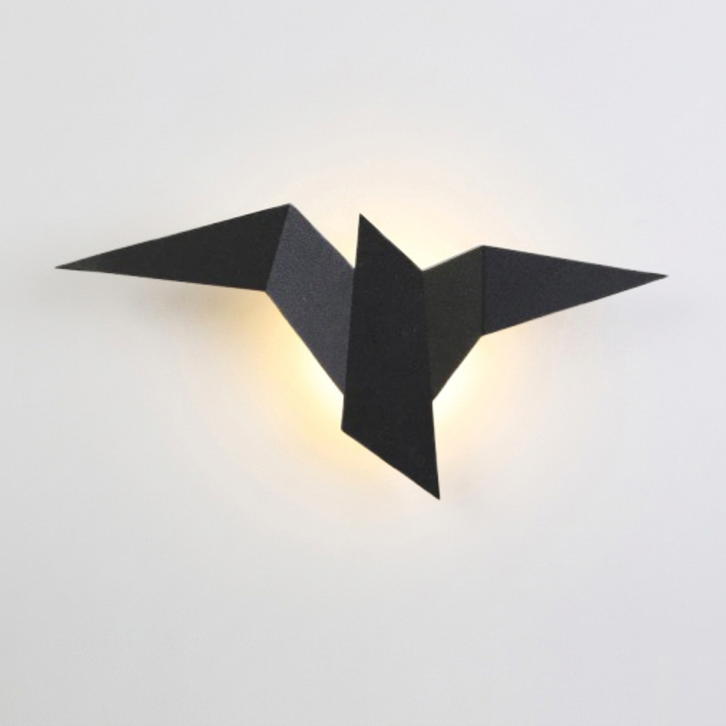 Origami bird wall light matte black iron LED warm glow