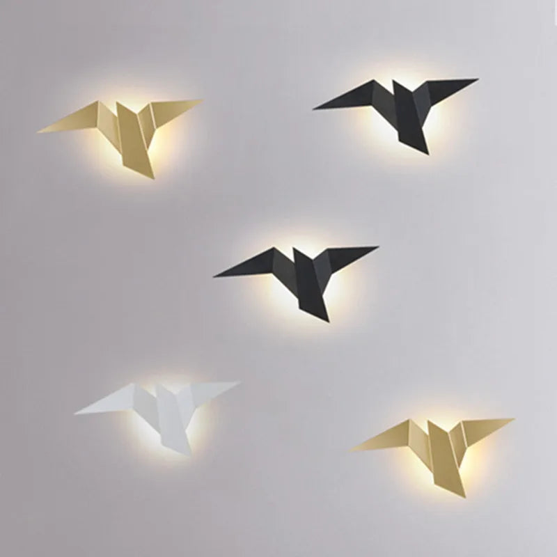 Five origami bird wall lights black gold white group arrangement