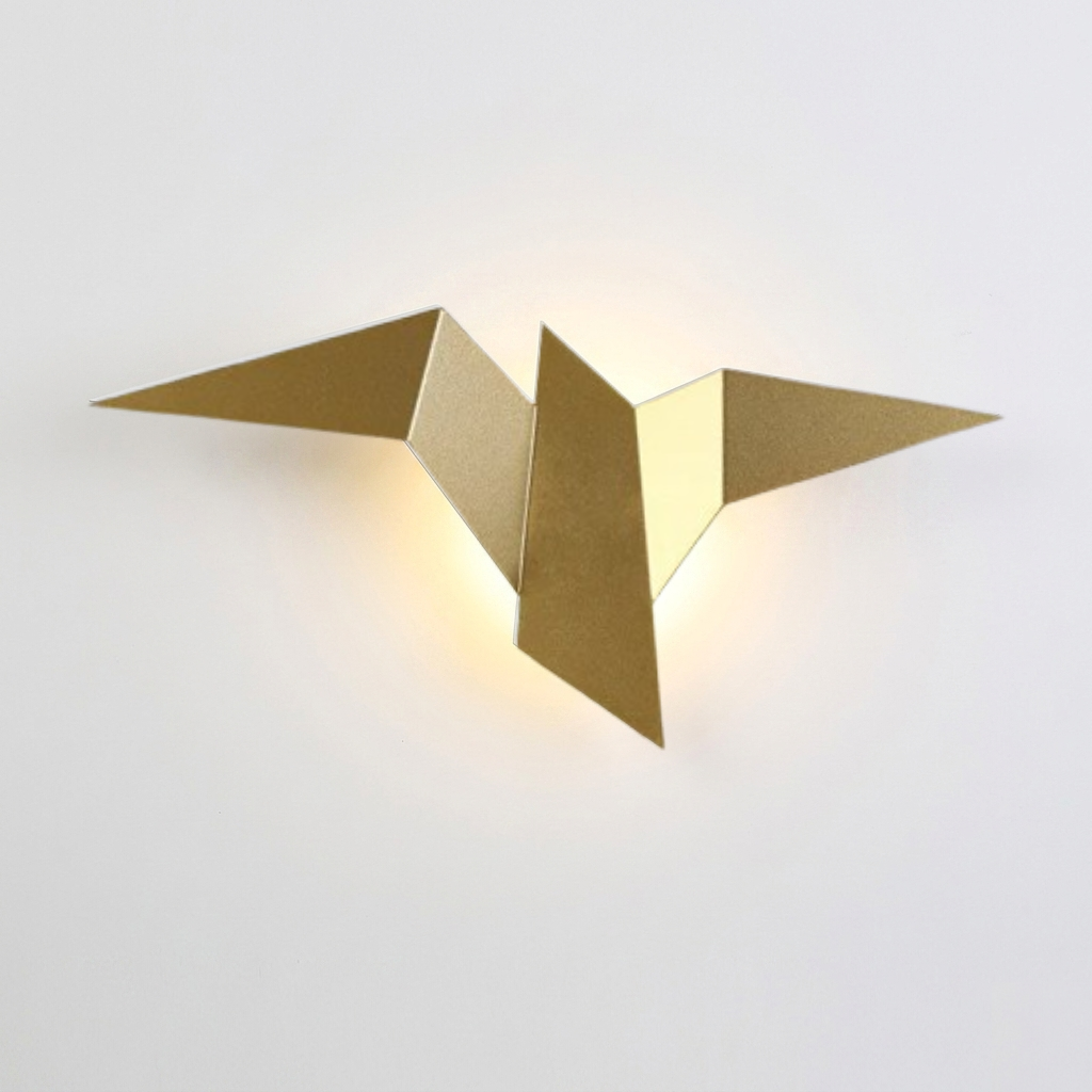 Origami bird wall light brushed gold iron LED warm glow