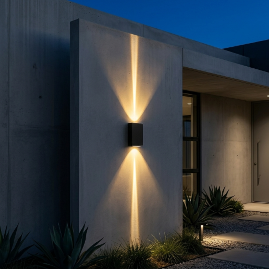 Black IP65 COB LED wall light on modern concrete villa facade at night