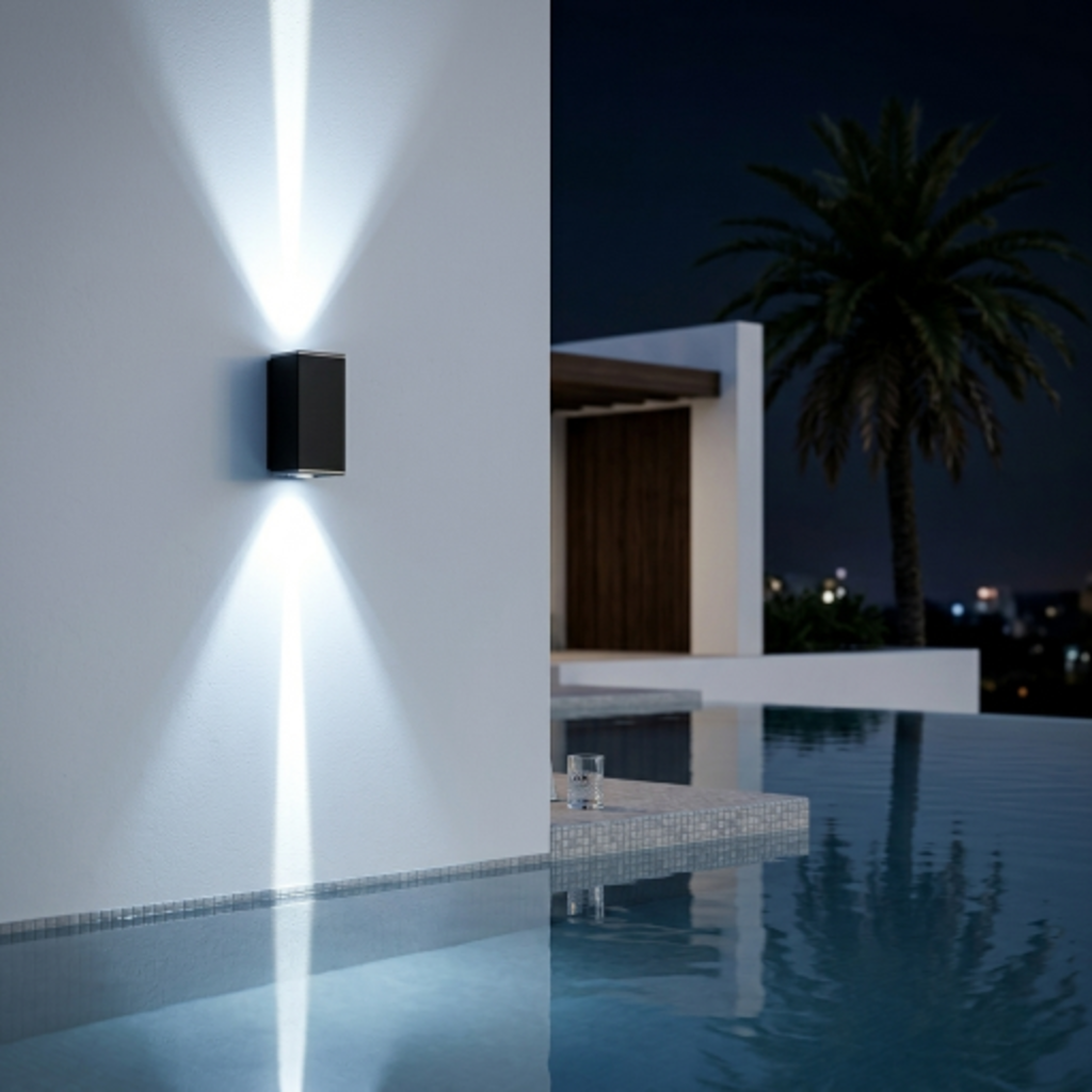Black COB LED outdoor wall light cool white beside luxury infinity pool