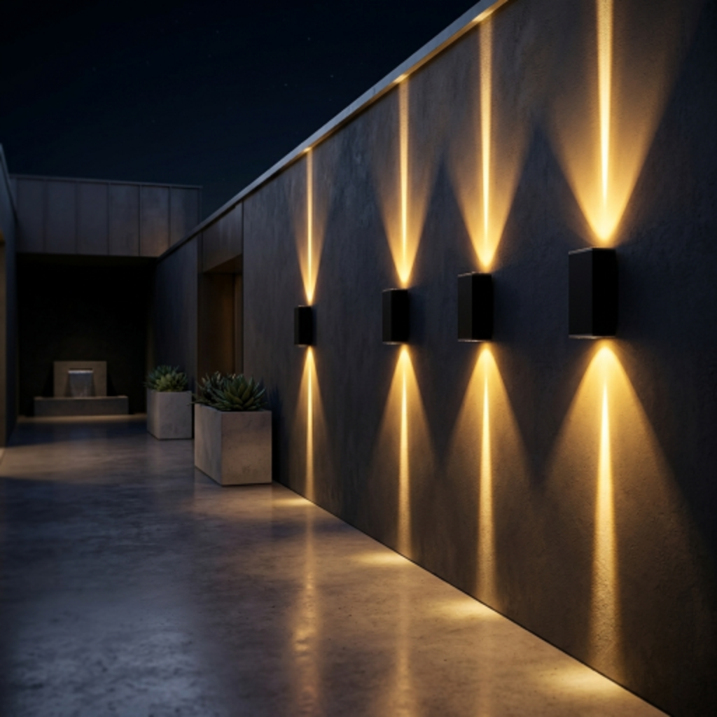 Black IP65 COB LED wall lights in a row along exterior pathway at night