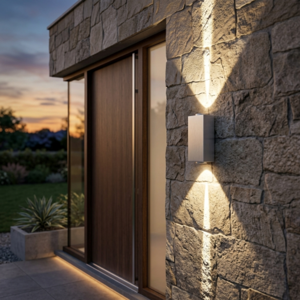 Silver IP65 COB LED outdoor wall sconce on stone wall beside front door