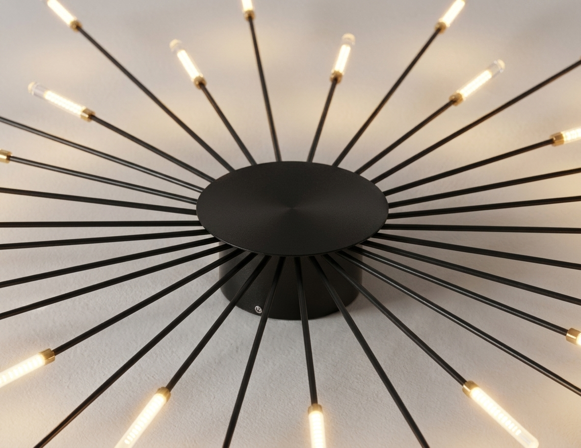 Close-up of wrought black iron and brushed gold detail on Sputnik ceiling light