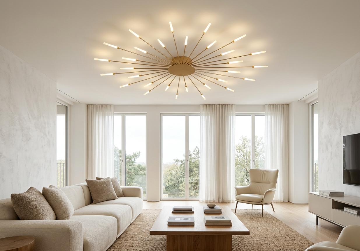 Spiral Starburst LED ceiling light installed in modern living room