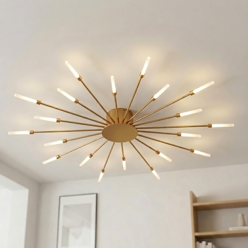 Sputnik LED flush mount ceiling light in gold, 20 lights